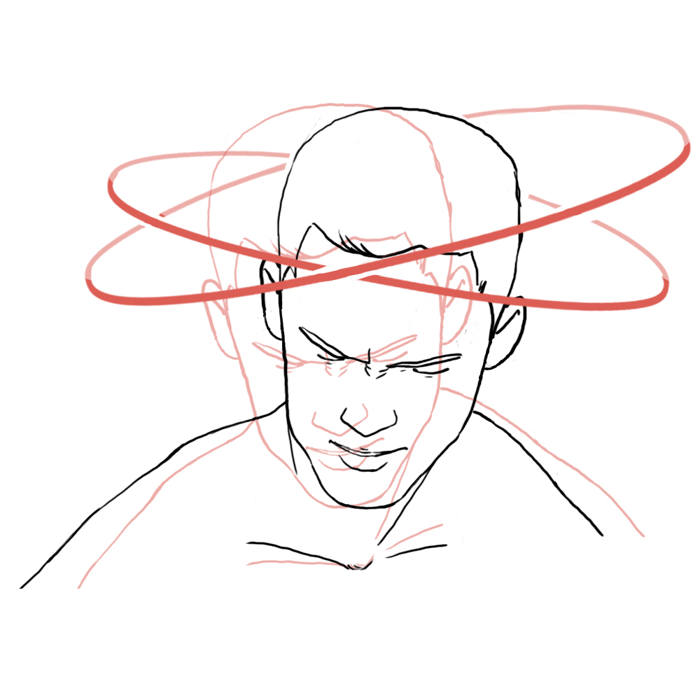 Visualisierung von Schwindel, Mann mit zusammengezogenen Augenbrauen, unscharf und Kreise über dem Kopf.