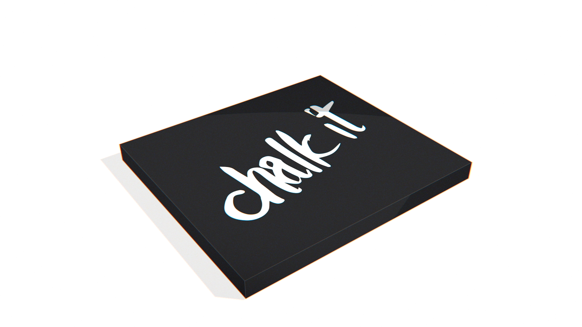Das Bild zeigt die schwarze Chalk It Verpackung aus Karton in einer grafisch abstrahierten Form mit weissem Logoaufdruck.