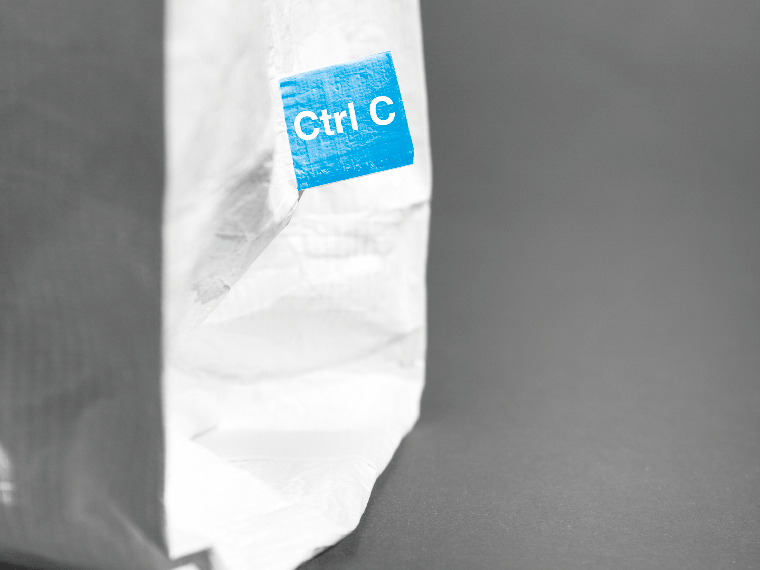 Man sieht einen seitlichen Ausschnitt des unteren Teils des Lunchbags an dem eine blaue Etikette mit der Marke Ctrl C befestigt ist.
