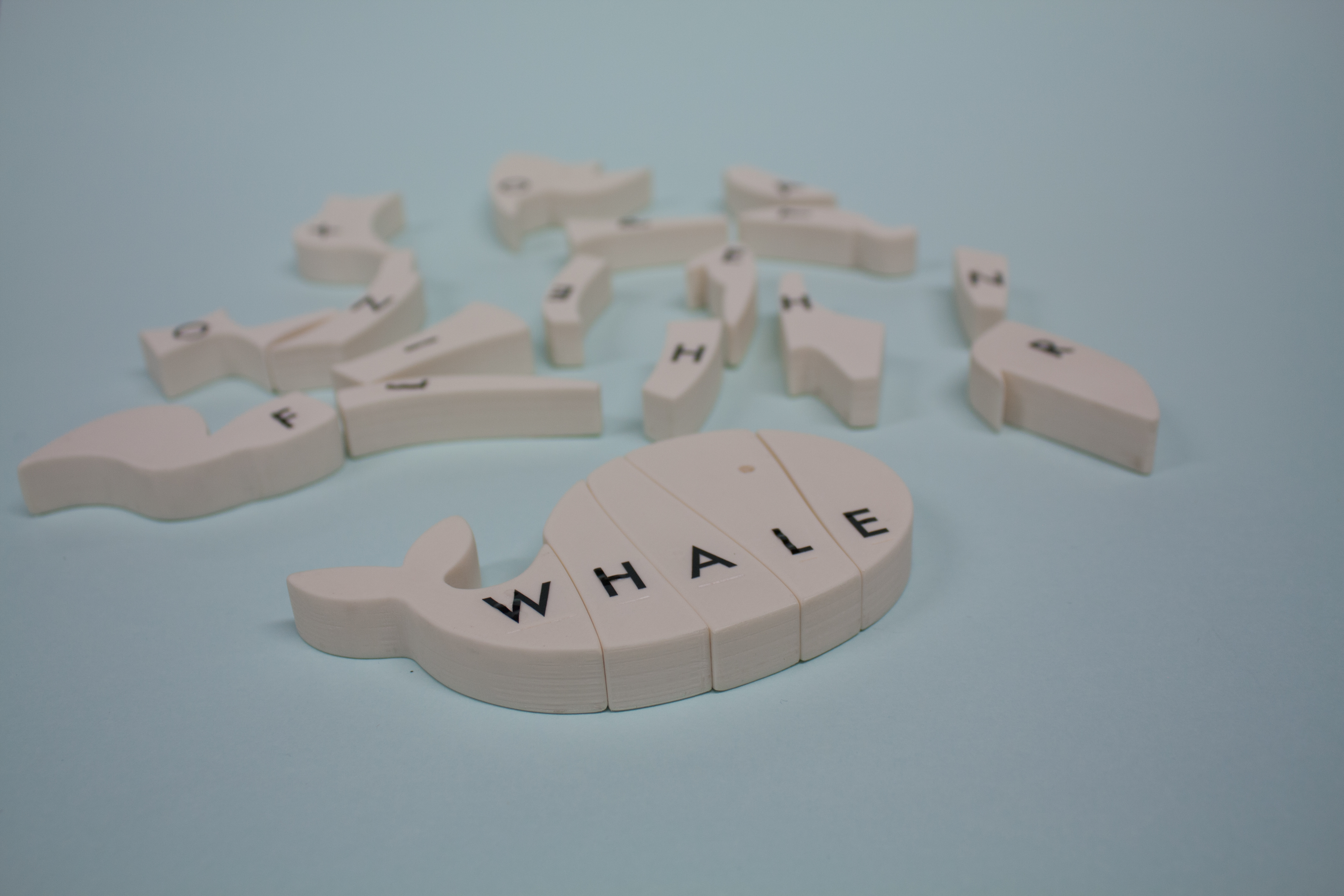 Alle 21 Teile des Puzzles liegen durchmischt auf dem Tisch. Der zusammengesetzte Walfisch liegt im vorderen Bereich des Bildes.
